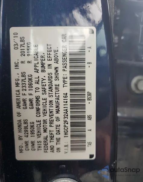 2010 Honda Accord Lx from USA, damaged, VIN 1HGCP2F32AA114164